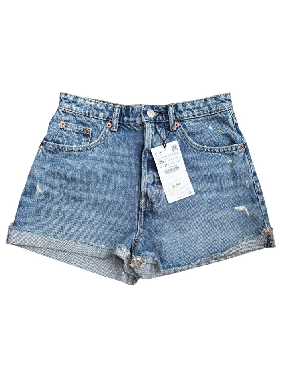Zara Distressed Rolled-Hem Denim Shorts - Blue